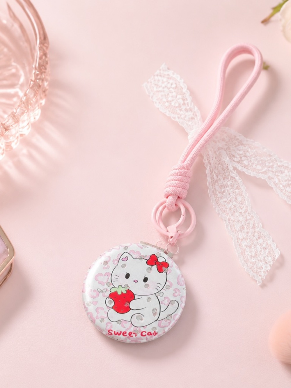 NWOT Sanrio Style Strawberry Kitty Pocket Mirror Keychain Lace & Rhinestone